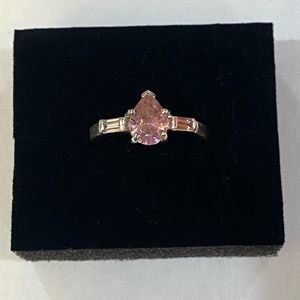 INTERGEM Pink Morganite Pear-Cut Gemstone Accent Silver Plated Ring - Size 6.5